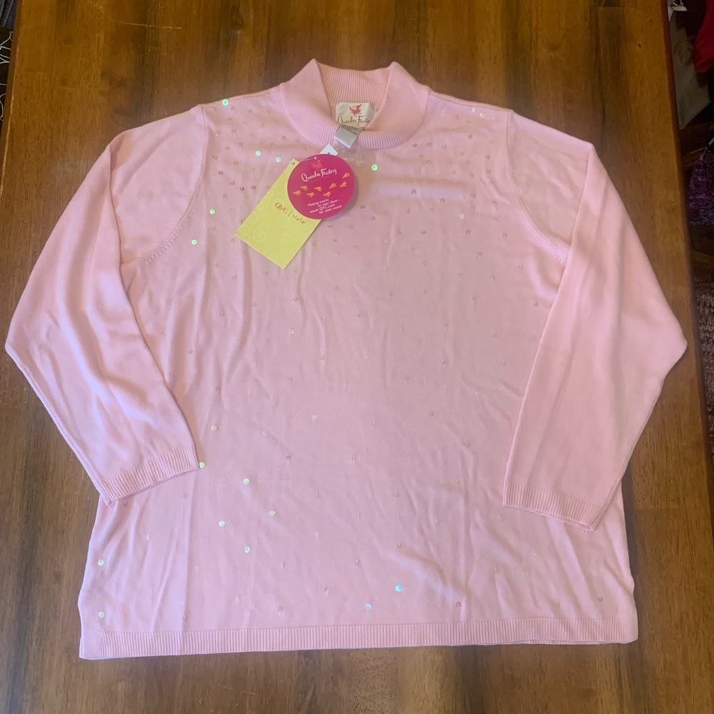 Quacker Factory NWT Sweater Light Pink Iridescent Sequins Mock Turtleneck Soft